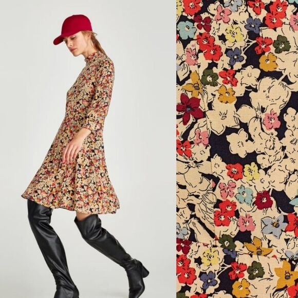 Zara Dresses & Skirts - Zara retro floral Liberty high neck long sleeve  skater dress small